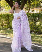Lavender Chikankari Work Pure Organza Saree